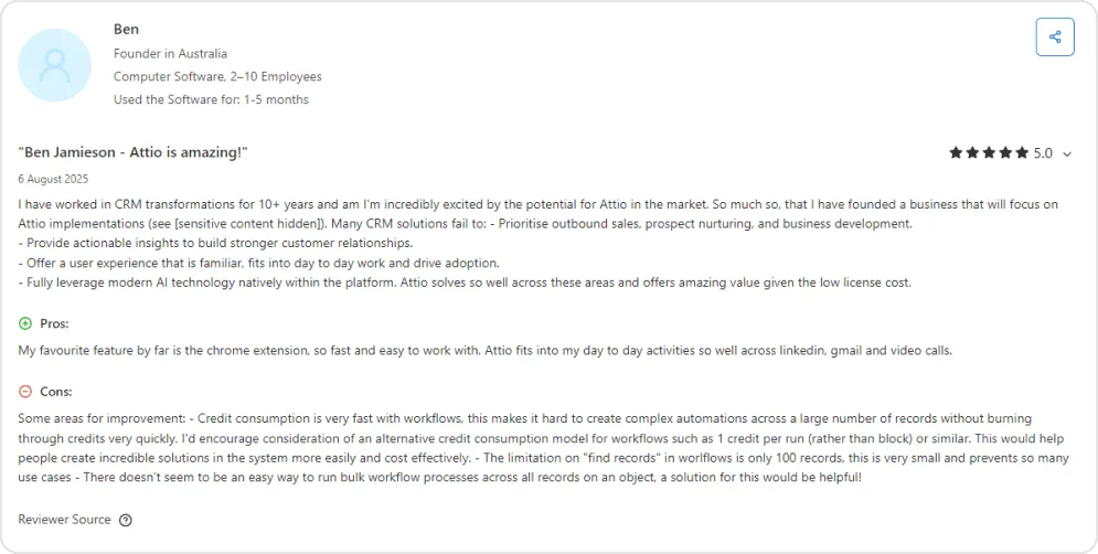 Screenshot of a user review of Attio