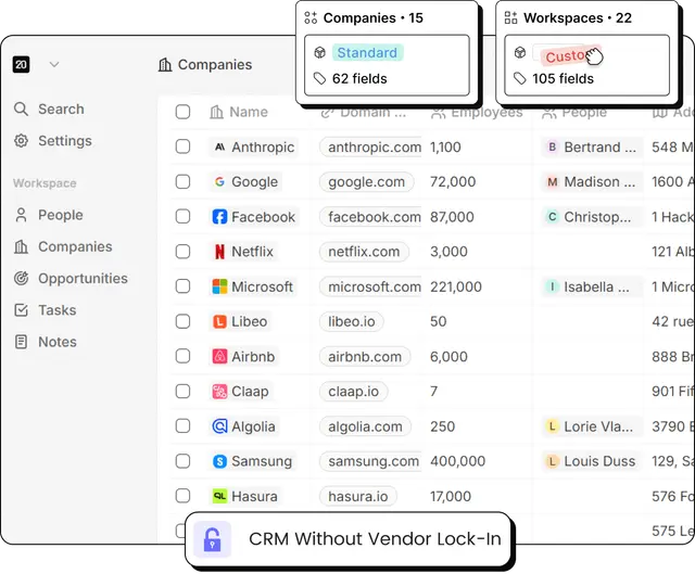 Twenty CRM's Companies table, with panels for standard and custom objects and a CRM Without Vendor Lock-In label