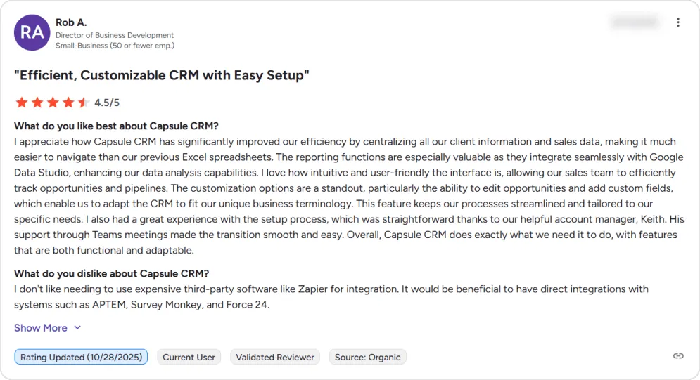 Screenshot of a user review of Capsule CRM