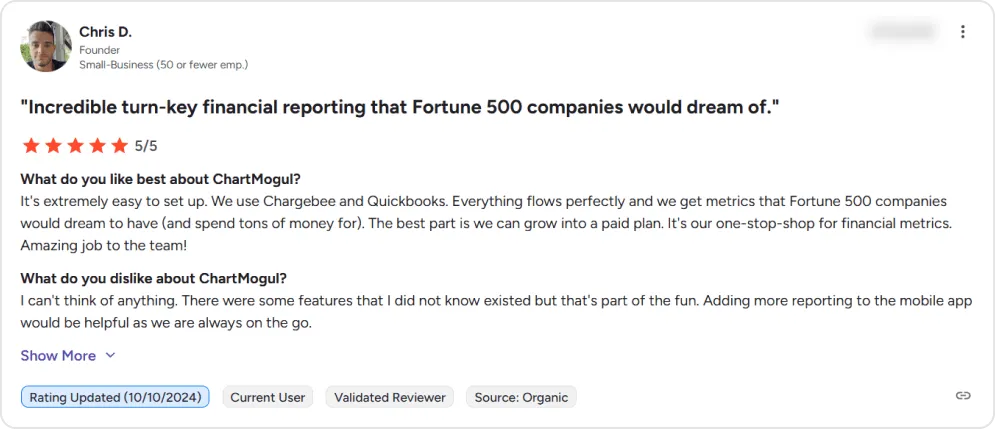 Screenshot of a user review of ChartMogul CRM