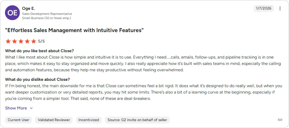 Screenshot of a user review of Close