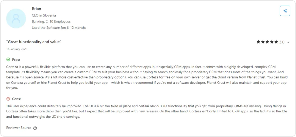 Screenshot of a Capterra user review of Corteza