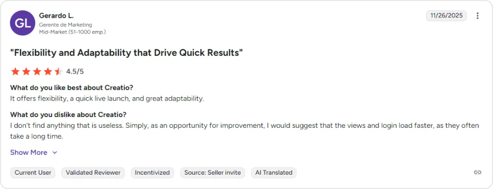 Screenshot of a user review of Creatio