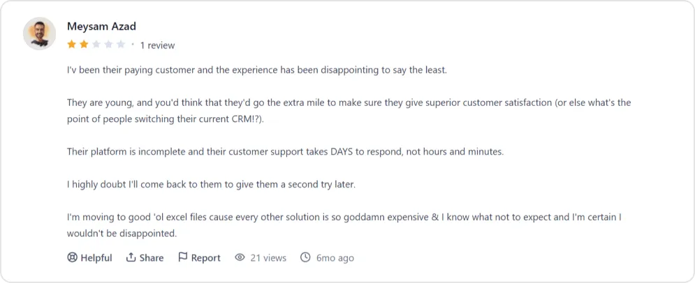 Screenshot of a critical user review of Twenty