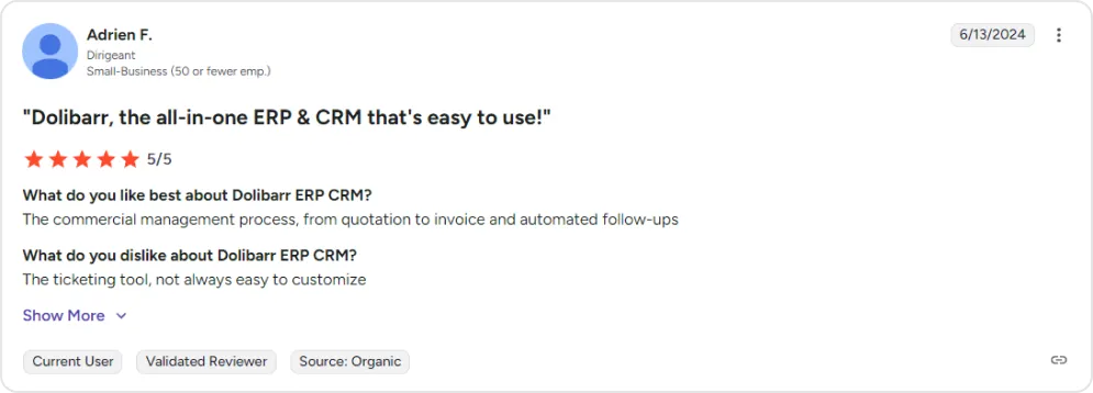 Screenshot of a G2 user review of Dolibarr