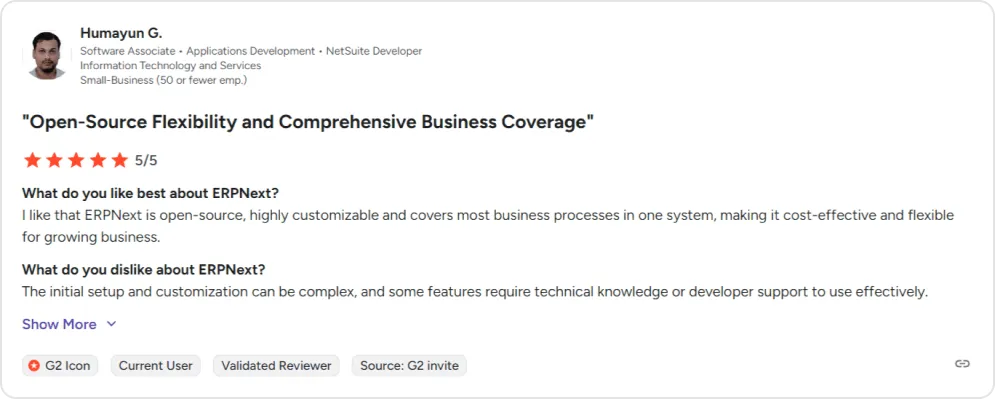 Screenshot of a G2 user review of ERPNext
