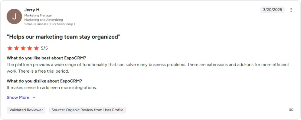 Screenshot of a G2 user review of EspoCRM