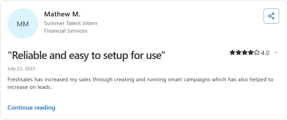 Screenshot of a user review of Freshsales