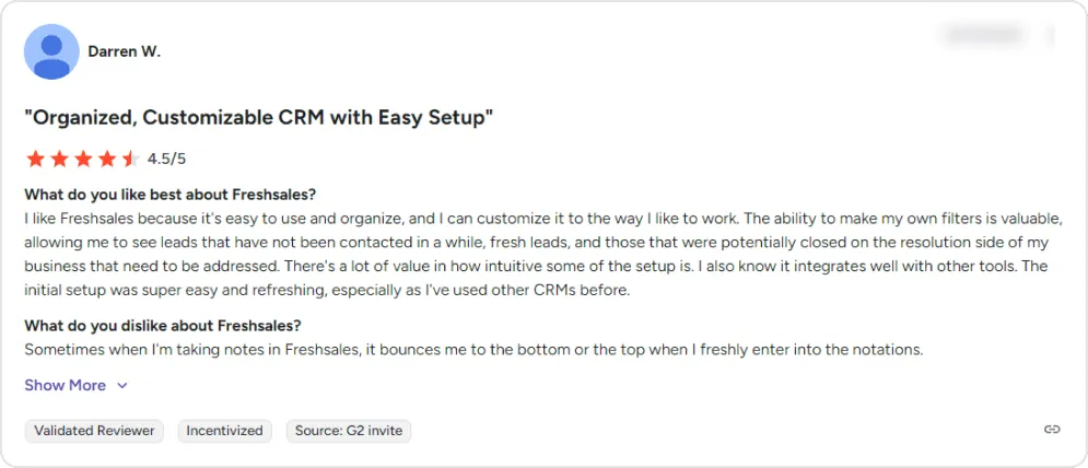 Screenshot of a user review of Freshsales