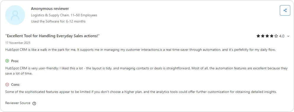 Screenshot of a user review of HubSpot