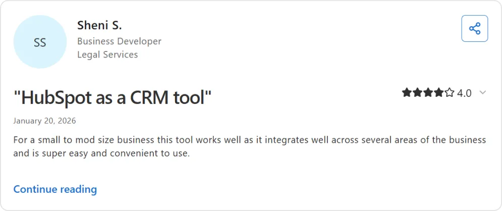 Screenshot of a user review of HubSpot