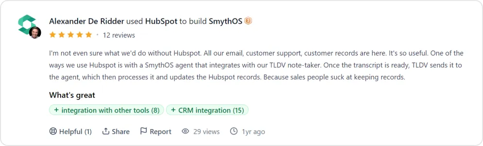 Screenshot of a user review of HubSpot
