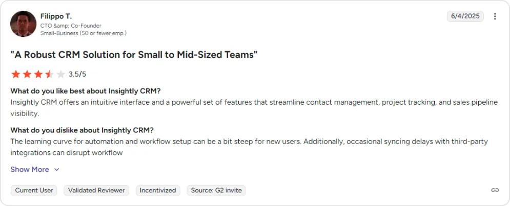 Screenshot of a user review of Insightly