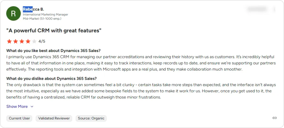 Screenshot of a user review of Microsoft Dynamics 365