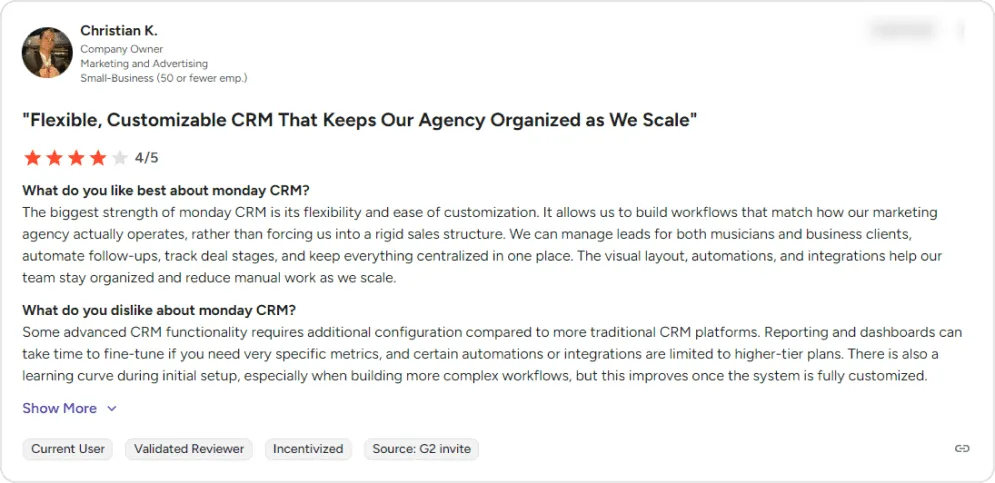 Screenshot of a user review of monday.com CRM