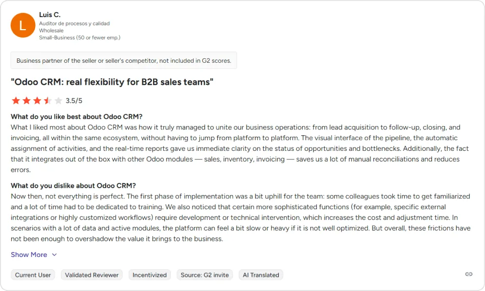 Screenshot of a G2 user review of Odoo