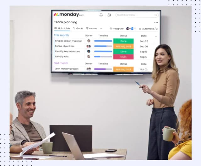 A trainer presents a monday.com team planning board on a wall screen to colleagues in a meeting room
