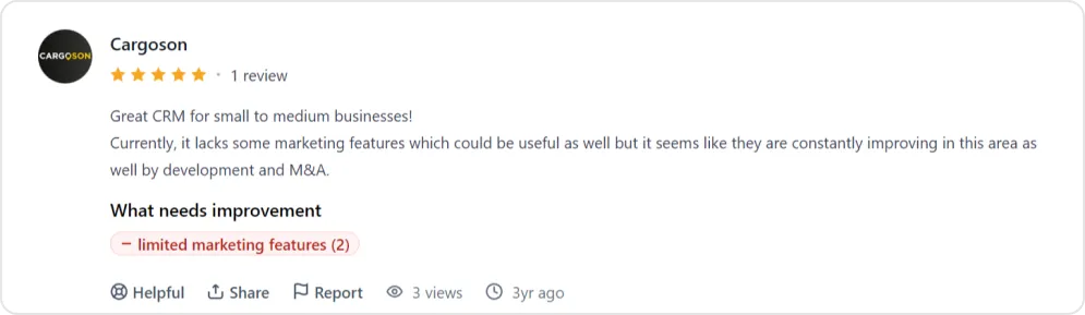Screenshot of a user review of Pipedrive
