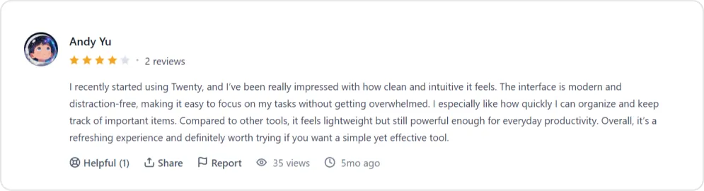 Screenshot of a positive user review of Twenty