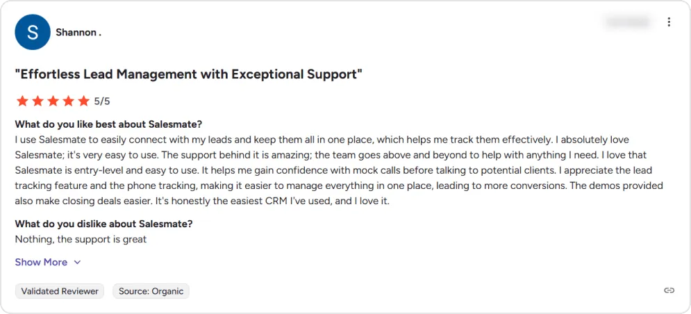 Screenshot of a user review of Salesmate