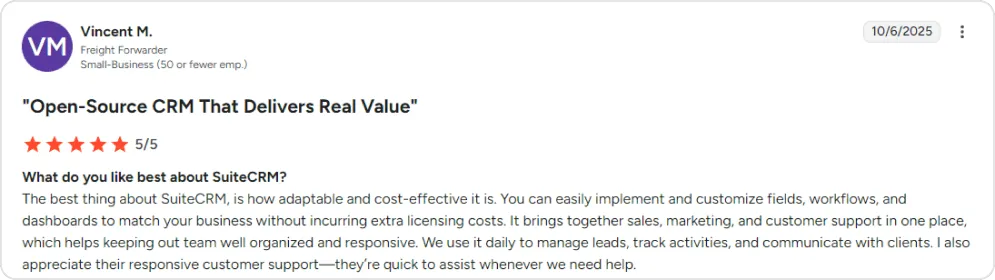 Screenshot of a G2 user review of SuiteCRM