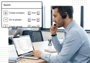 A support agent with a headset at a laptop, beside Twenty CRM's keyboard shortcut search