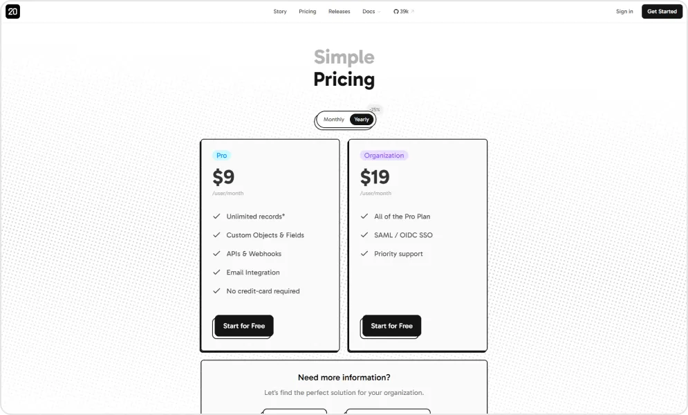 Screenshot of Twenty's pricing page