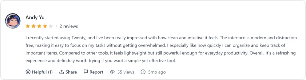 Screenshot of a Product Hunt user review of Twenty