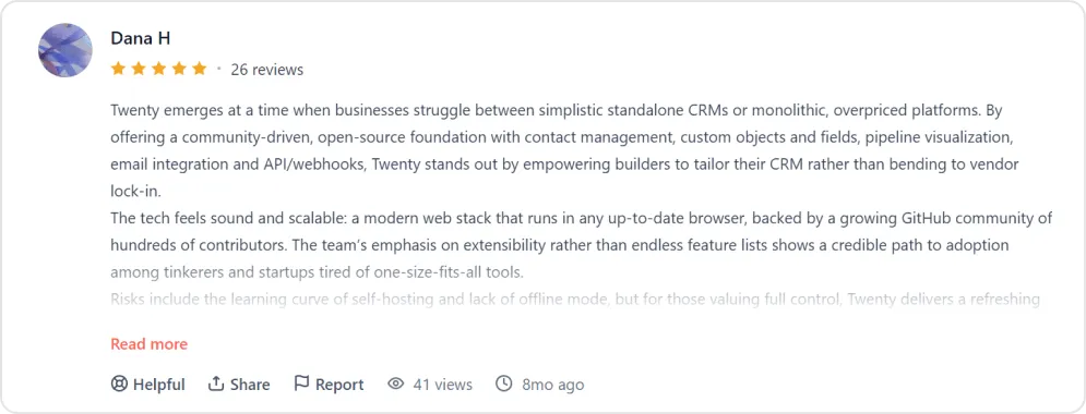 Screenshot of a user review of Twenty