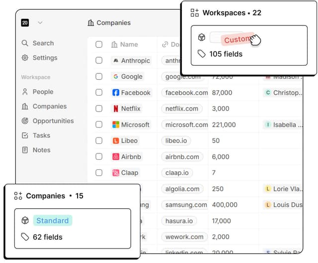 Twenty CRM's Companies table, with panels for a standard object with 62 fields and a custom object with 105 fields