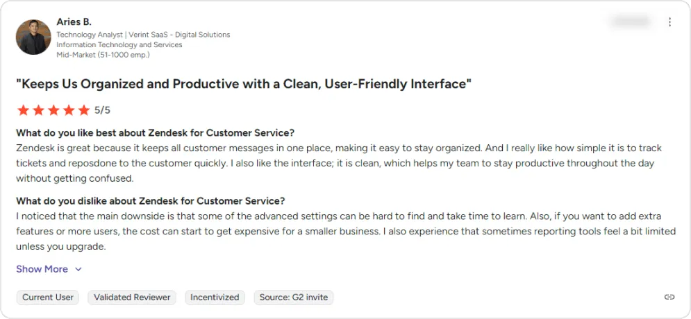 Screenshot of a user review of Zendesk Sell