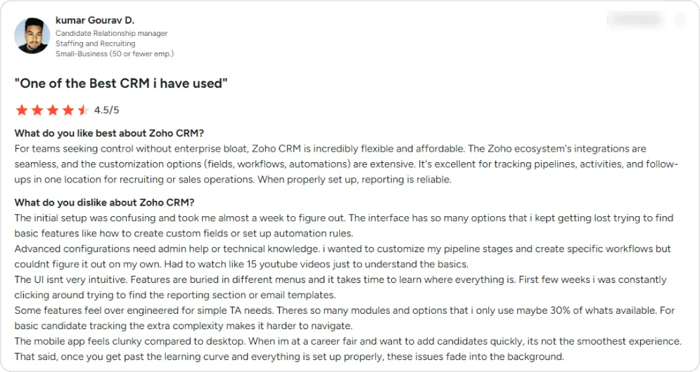 Screenshot of a user review of Zoho CRM