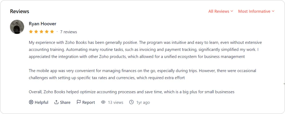 Screenshot of a user review of Zoho CRM
