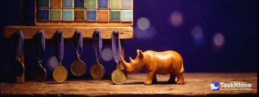 A small wooden rhino nudges the last of six brass medallions hanging on indigo ribbons from a wooden rail, below a board of coloured tiles.