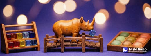 A small wooden rhino carries items from a stack of small coloured glass blocks in a grid rack into a tidy board of coloured tiles, nothing dropped on the way.
