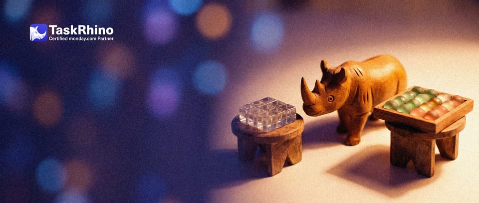 A small wooden rhino stands between two small pedestals, looking from one to the other: on one a clear glass block divided into a grid of tiny cells, on the other a tidy board of coloured tiles.