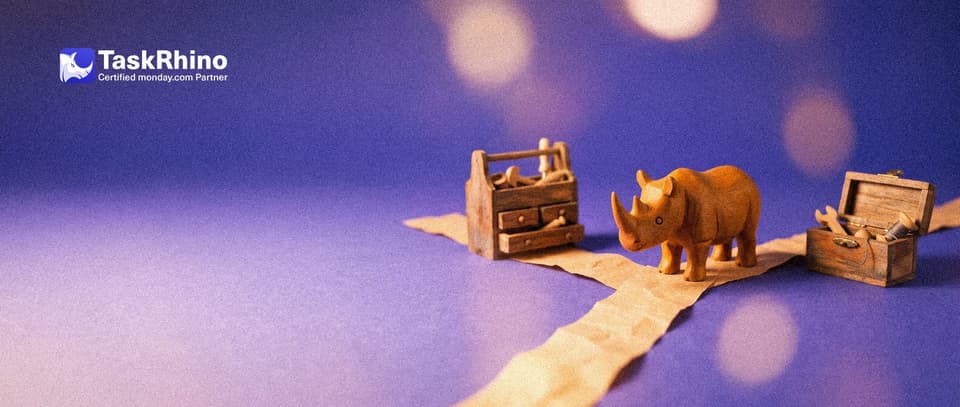 A small wooden rhino stands at a crossroads of narrow paper paths, each leading to a different small wooden tool chest, deciding which way to walk.
