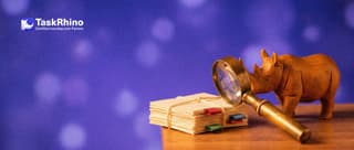A small wooden rhino peers through a brass magnifying glass at a neat stack of paper task cards with little coloured tabs.