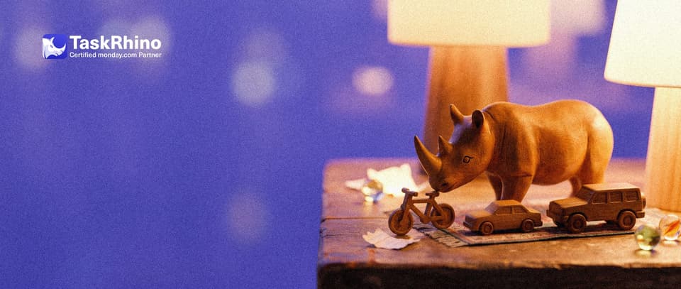 A small wooden rhino inspects three tiny wooden toy vehicles lined up side by side: a bicycle, a sedan and a sturdy SUV, like a careful buyer.