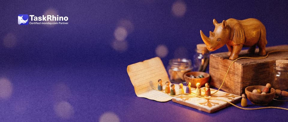A small wooden rhino watches a line of small wooden peg figures walk along a golden thread from a paper roster card onto a fresh tile board.