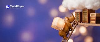 A small wooden rhino carries a small glowing glass cube up a wooden ladder onto a shelf of stacked miniature wooden and brass server racks under a soft cotton cloud.
