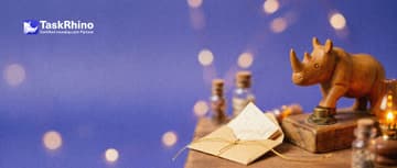 A small wooden rhino presses a brass push button; a small folded paper form slides into an envelope tied to a golden thread.