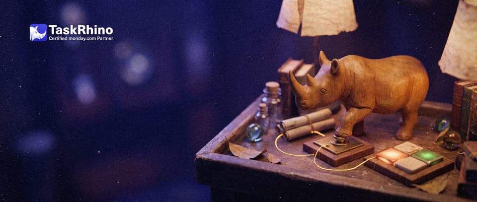 A small wooden rhino presses a brass button on one small tile board; a golden thread runs to a second board where one tile glows from amber to green.