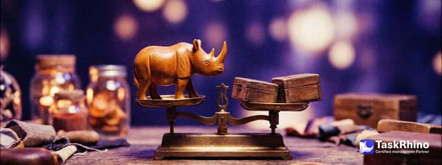 A small wooden rhino weighs two different small wooden boxes on a brass balance scale.