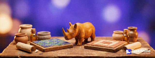 A small wooden rhino looks from one small tile board to another set side by side.