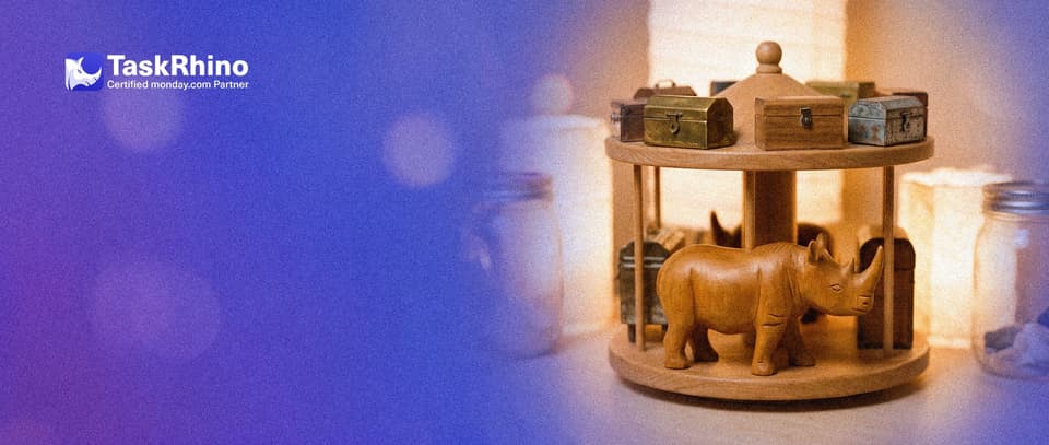 A small wooden rhino turns a small wooden carousel that carries ten tiny, different tool chests, picking one as it comes round.