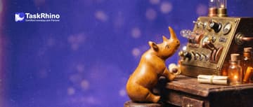 A small wooden rhino looks up thoughtfully at a tall brass control panel covered with dozens of tiny switches, dials and levers.