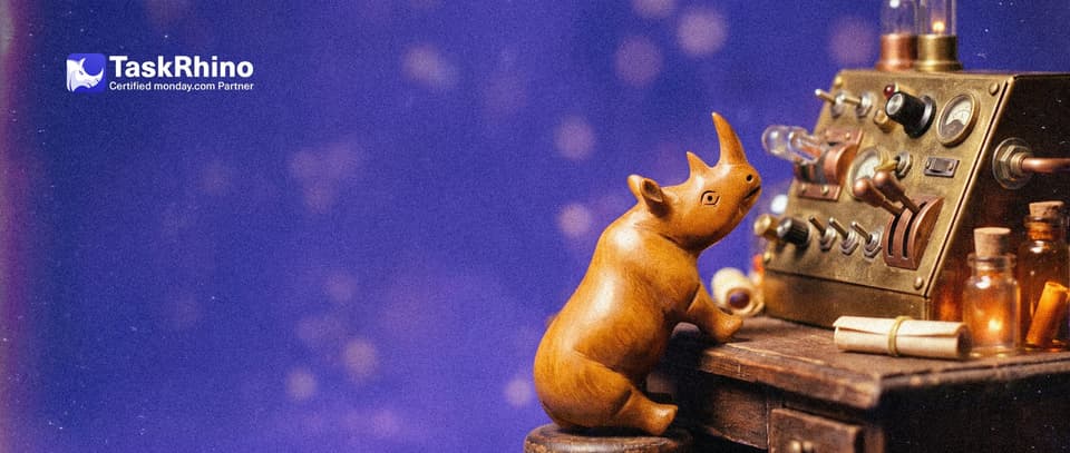 A small wooden rhino looks up thoughtfully at a tall brass control panel covered with dozens of tiny switches, dials and levers.