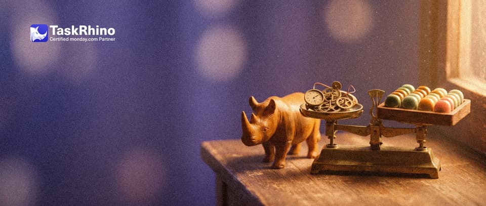 A small wooden rhino stands beside an old brass balance scale: one pan holds a complicated little brass gadget full of dials, the other holds a tidy board of coloured tiles.