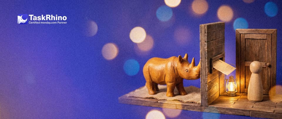 A small wooden rhino stands inside a small wooden wall holding a paper form card at a mail slot; outside, a wooden peg visitor waits at a door with no handle.